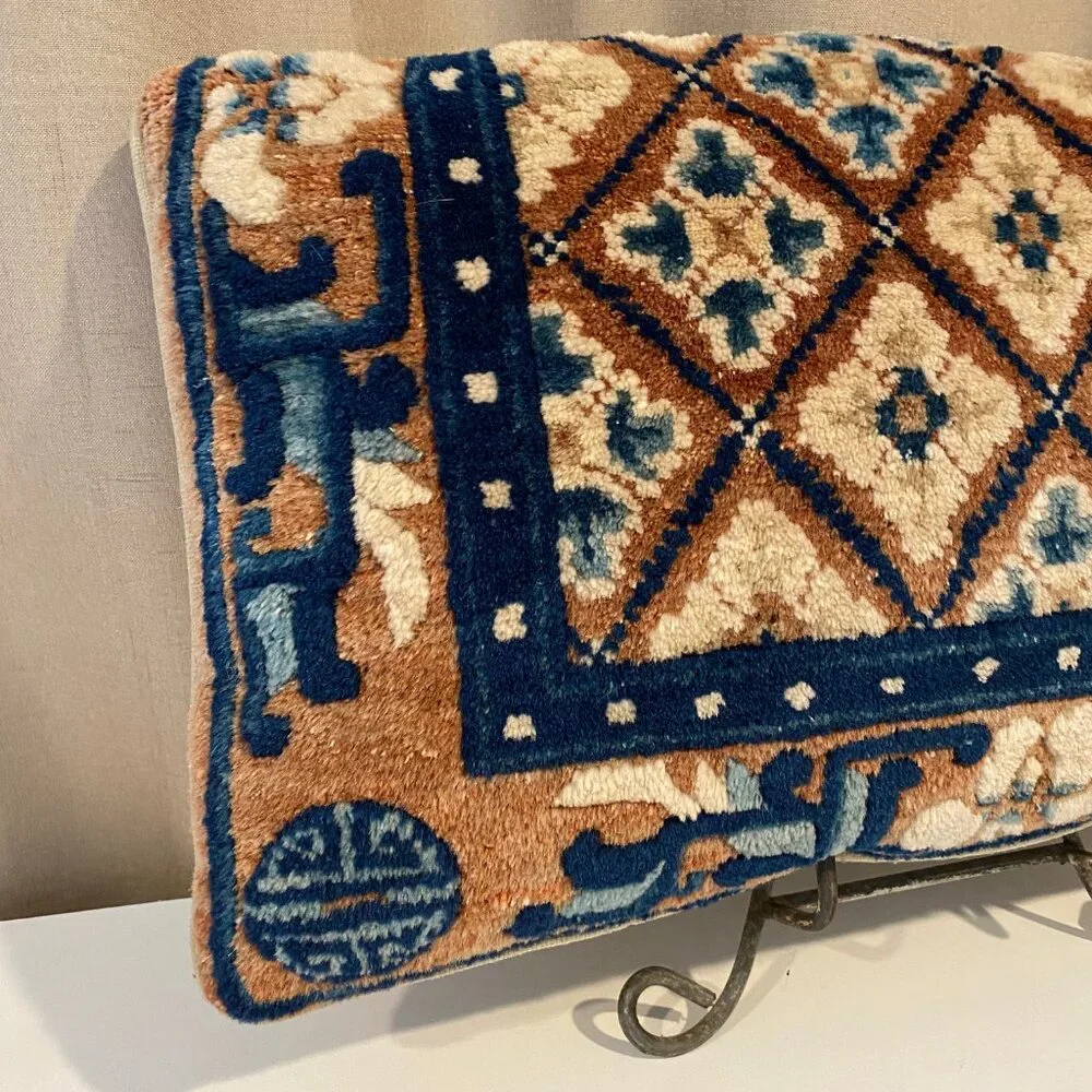 Vintage Turkish Wool Carpet Pillow 24x14‎ Handwoven Blue Brown Accent